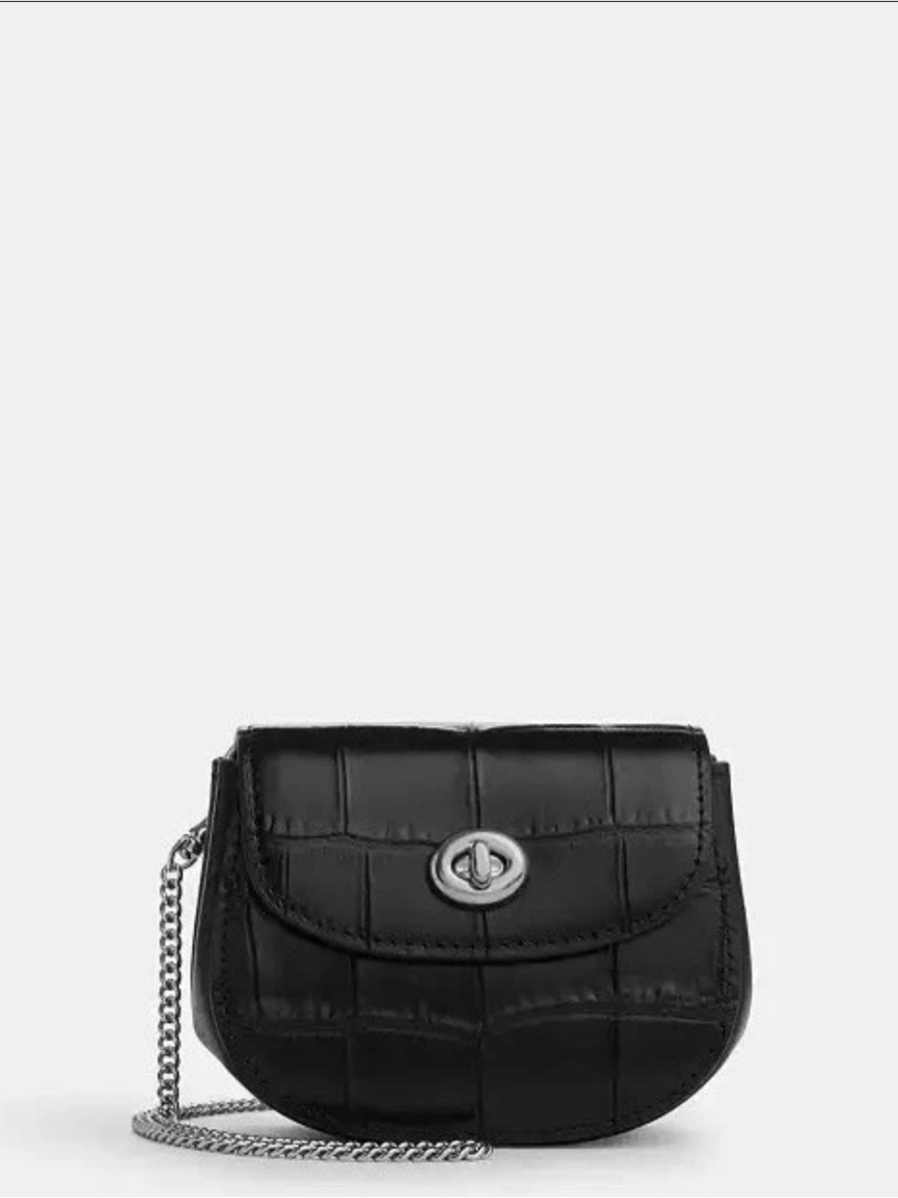 Coach Turnlock Card Case with crocodile embossing and silver-tone hardware.